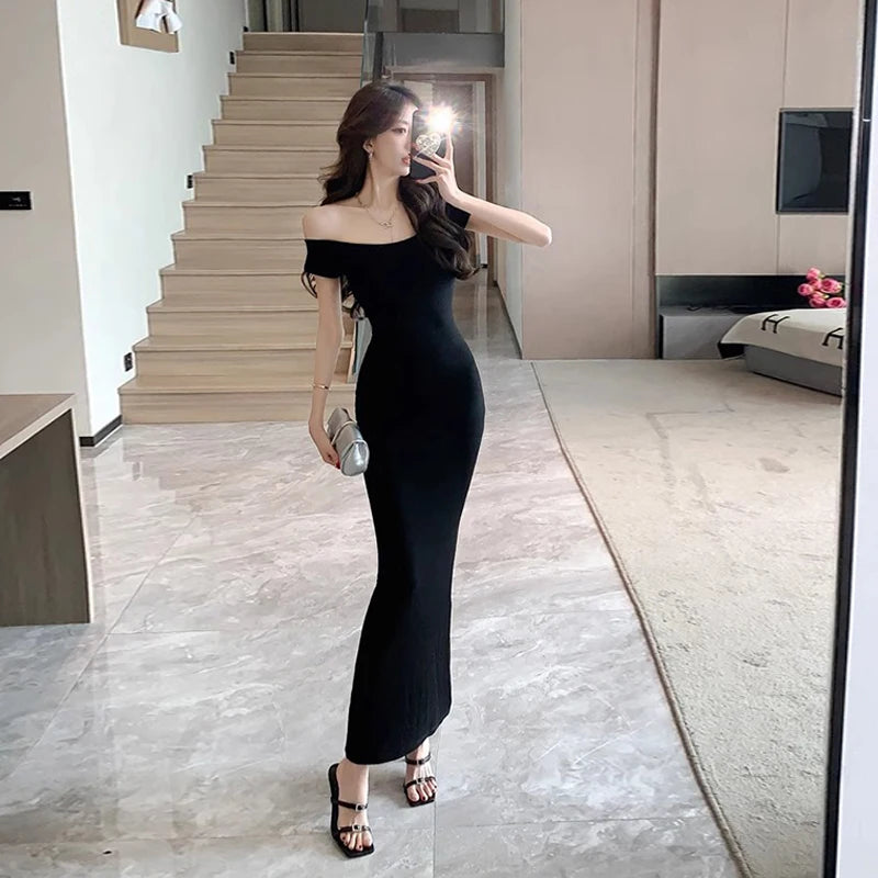 Summer Black Short Sleeve Women Elegant Party Off Shoulder Sheath Long Dress