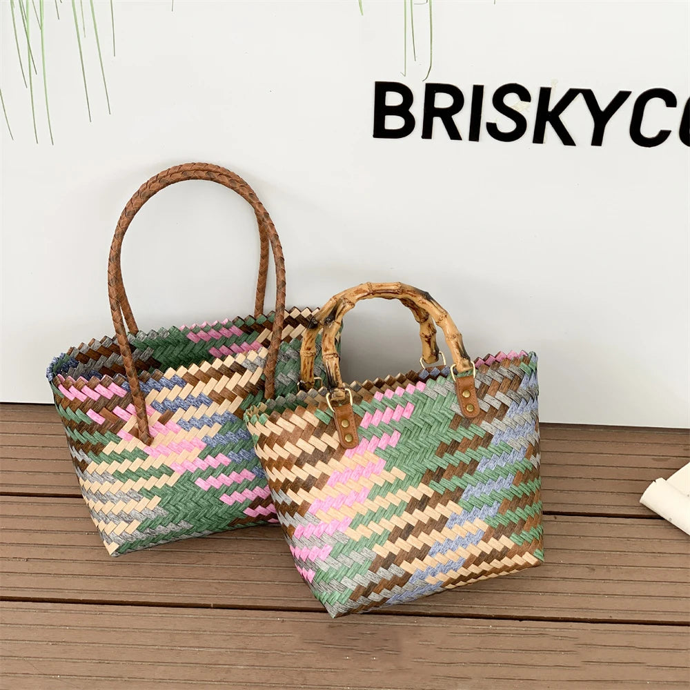 Retro Imitation Rattan Woven Bag Women's Boho Handbag Summer Beach Large Capacity Shoulder Bag 2024 New Fashion женская сумочка