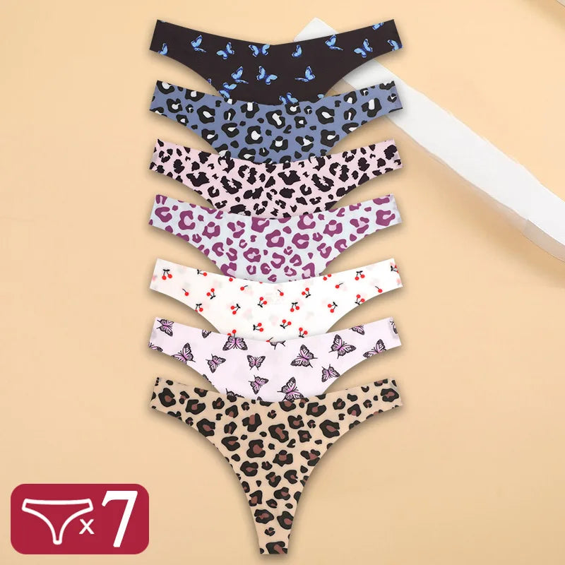 FINETOO 7Pcs Ice Silk G-String Lady Sexy Thong Women One Piece Seamless Girl Panties Fresh Low Waisted Underwear Print Underwear