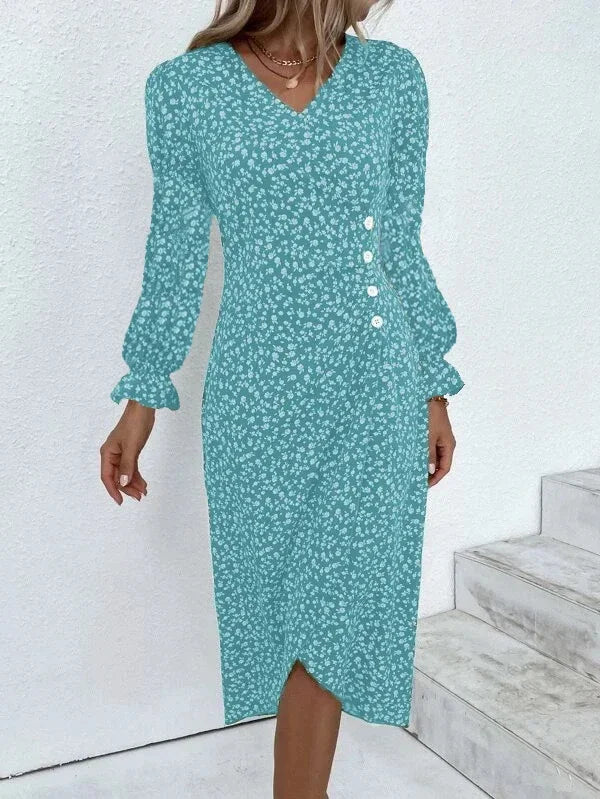 Elegant Summer Floral Midi Dress – V-Neck, Puff Sleeves, Pleated H-Shape, Ruched Waist, Button Detail.