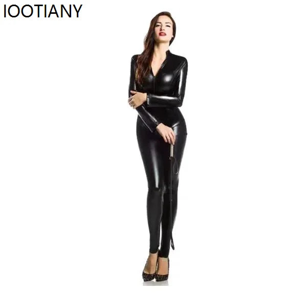 Women Two-way Zipper Open Crotch Imitation Leather Jumpsuit Ds Latex Cat Women Fancy Bodysuit Nightclub Stage Performance Outfit