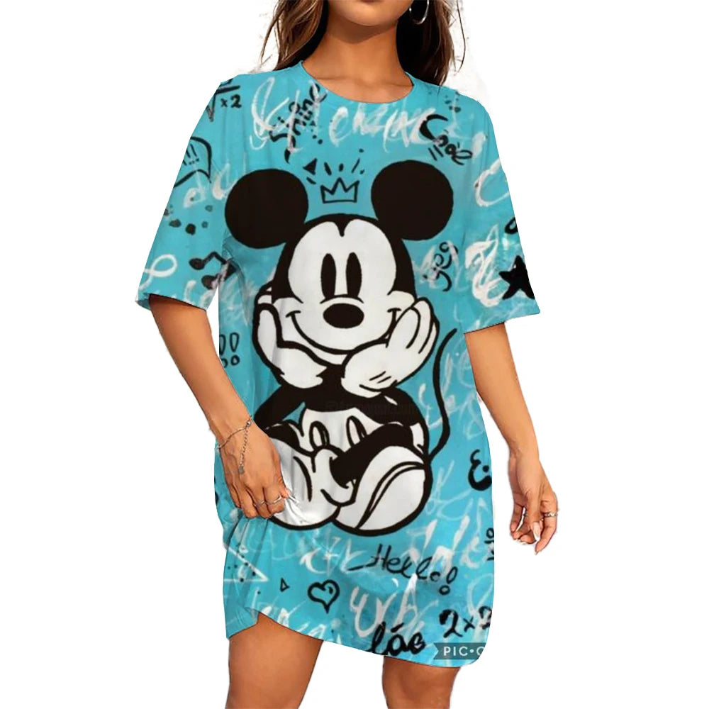 Disney Mickey Mouse Casual Dress – Loose Fit, Round Neck, Short Sleeve, Summer Party Style.