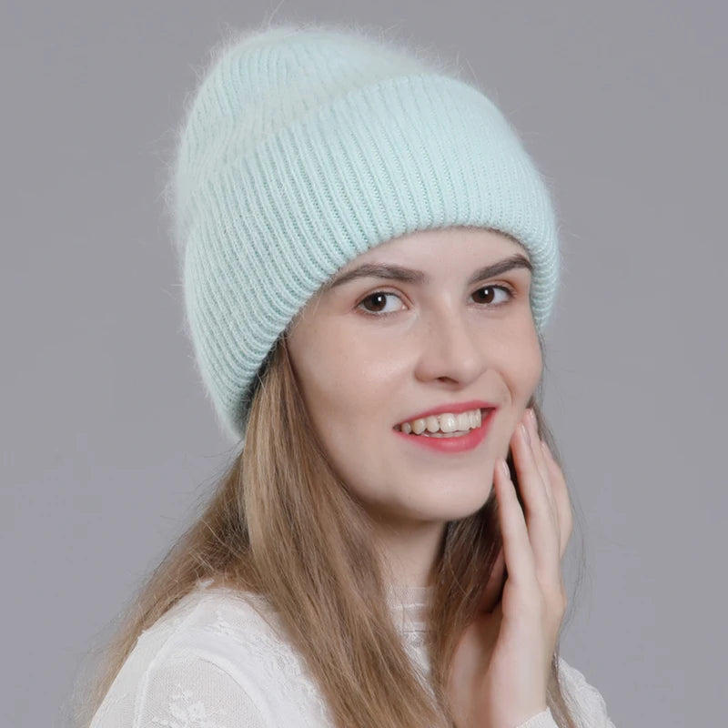 CNTANG Real Rabbit Fur Hat Winter Warm Beanies For Women Fashion Cute With Decorate Rhinestone Cap Female Casual Knitted Hats