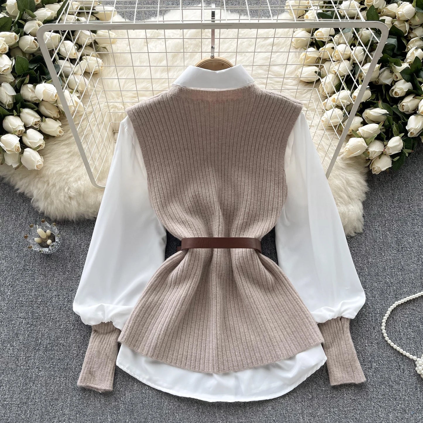 Korean Knitted Vest & Lantern Sleeve Blouse – Elegant Autumn Set