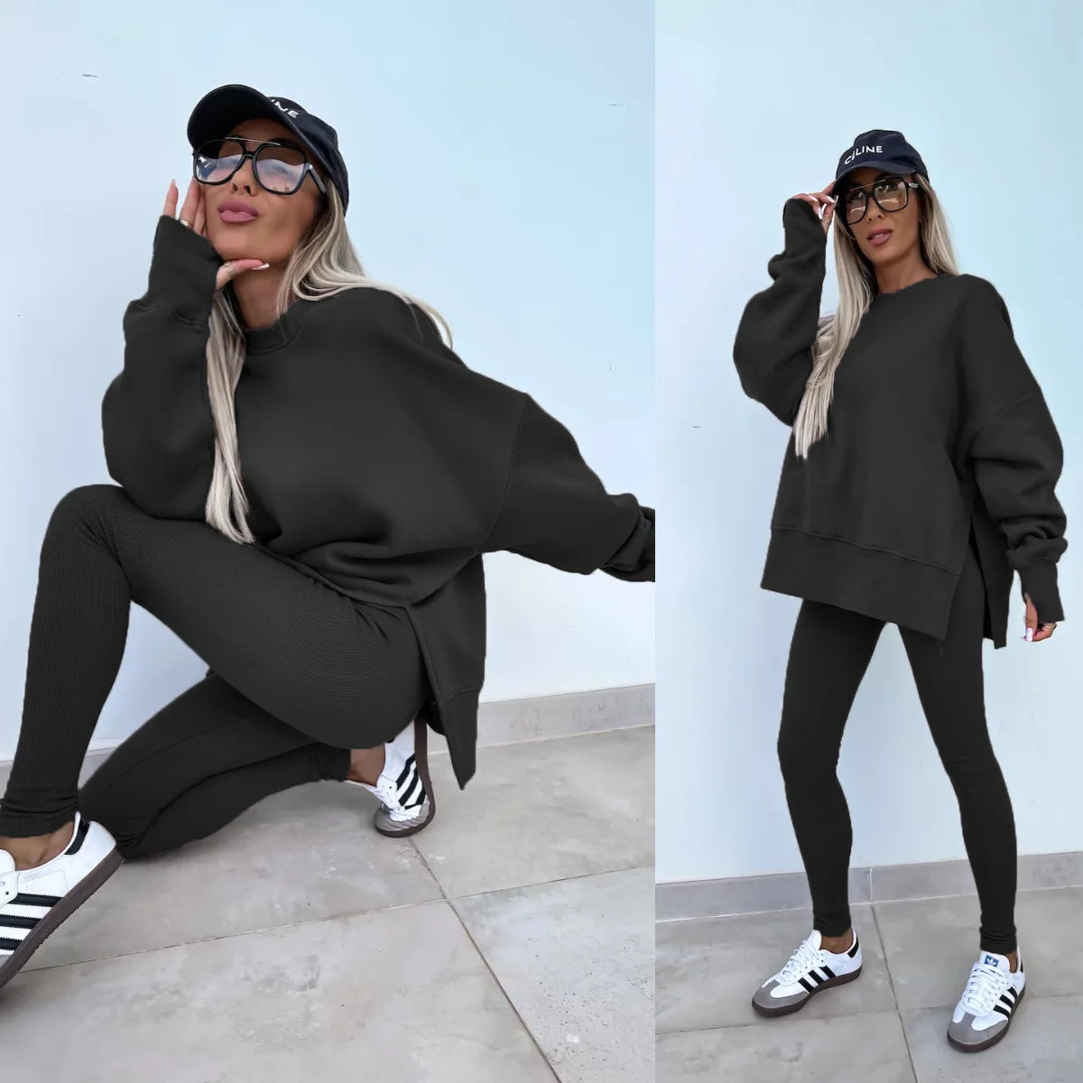 Women Pant Sets Two Pieces Tracksuit Solid Loose Sweatshirts Split Pullover Pencil Pants High Street Autumn Winter 2024