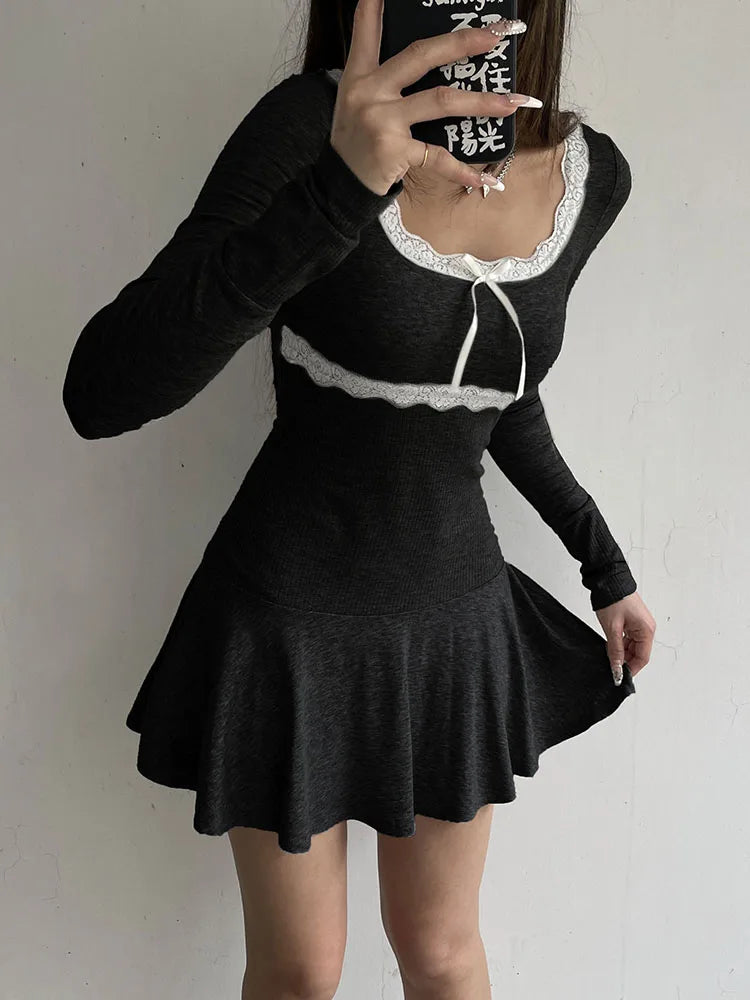 Sweet Patchwork Lace A-Line Dress Casual Basic Square Collar Long Sleeve Mini Dresses