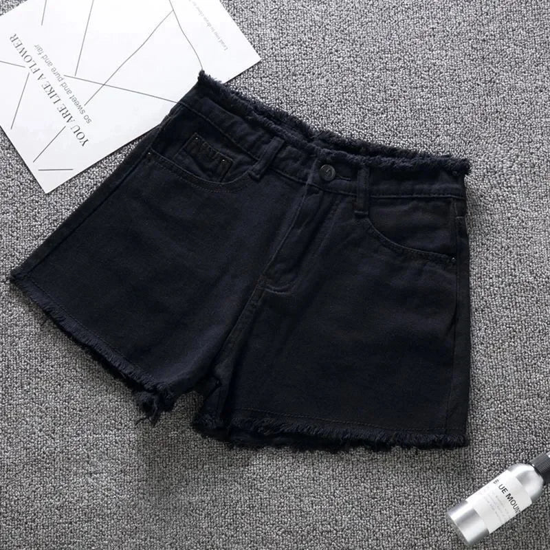 Summer Woman High Haist Jeans Shorts Fashion Rough-edges Denim Short Pants Schoolgirl Casual Pants Blue Black White Jeans