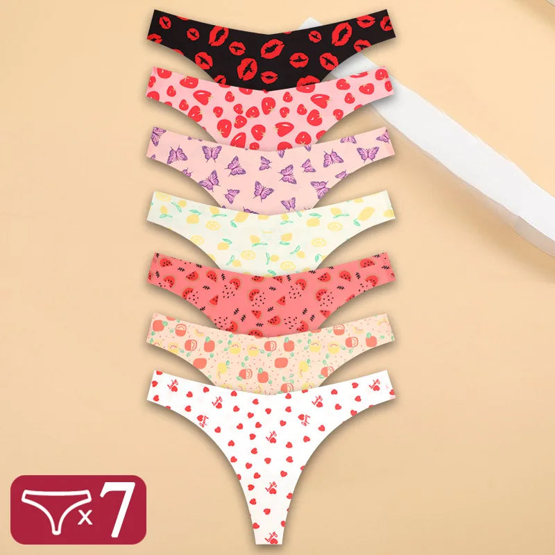 FINETOO 7Pcs Ice Silk G-String Lady Sexy Thong Women One Piece Seamless Girl Panties Fresh Low Waisted Underwear Print Underwear