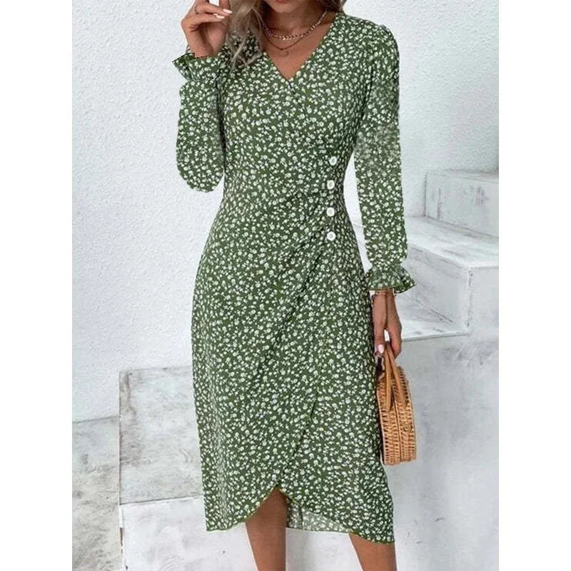 Elegant Summer Floral Midi Dress – V-Neck, Puff Sleeves, Pleated H-Shape, Ruched Waist, Button Detail.