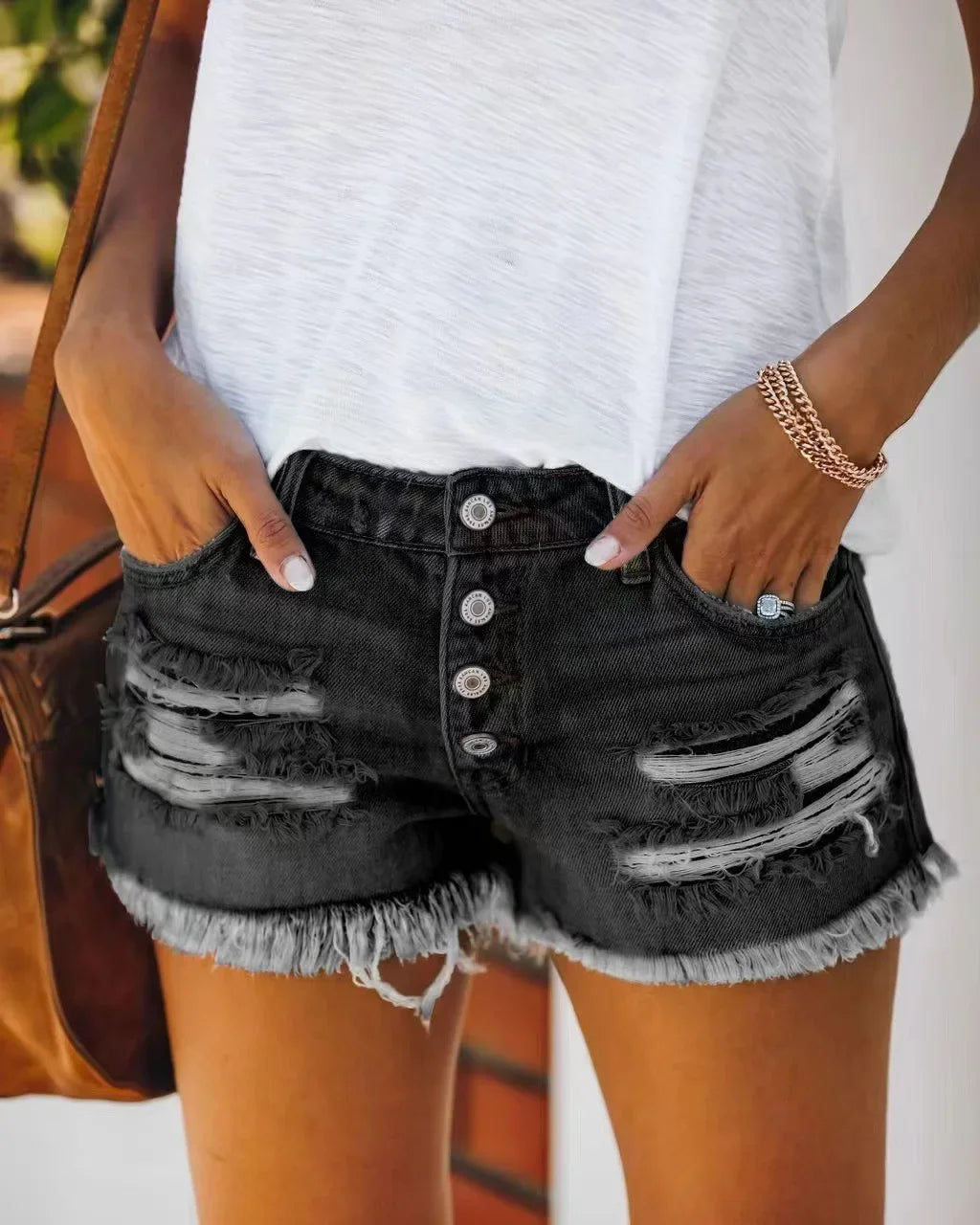 Ripped Vintage Denim Women Jeans Shorts Washed Tassel Button High Waist Holes Spliced Summer Pockets Distressed 2025 Basics