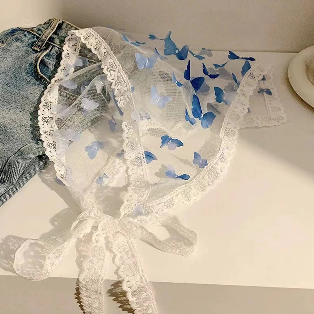 Summer White Woven Floral Lace Hair Scarf Wraps Women Retro Triangle Headscarf Hat Travel Photo Headband Hair Accessories INS