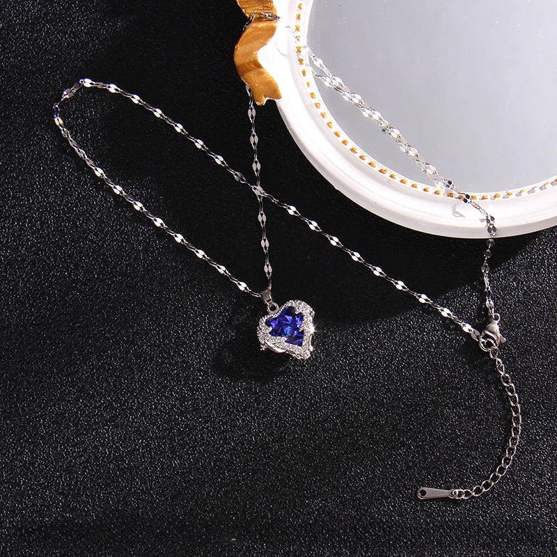 Luxury Colorful Crystal Ocean Heart Pendant Necklace For Women Korean Fashion Stainless Steel Neck Chain Female Wedding Jewelry