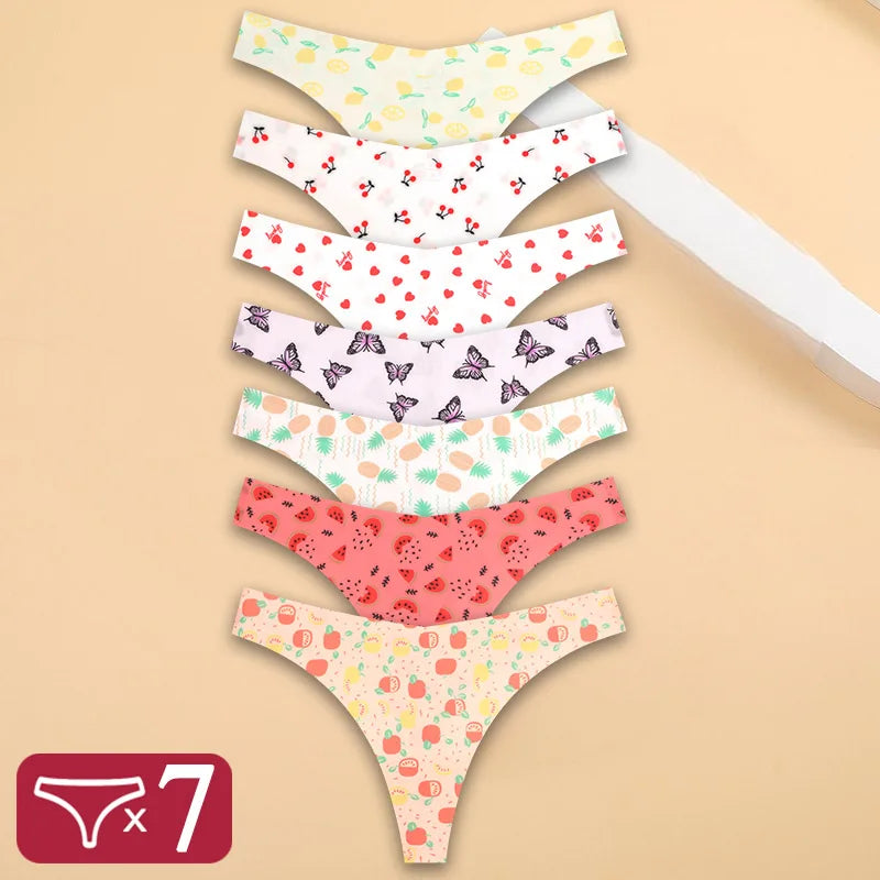 FINETOO 7Pcs Ice Silk G-String Lady Sexy Thong Women One Piece Seamless Girl Panties Fresh Low Waisted Underwear Print Underwear