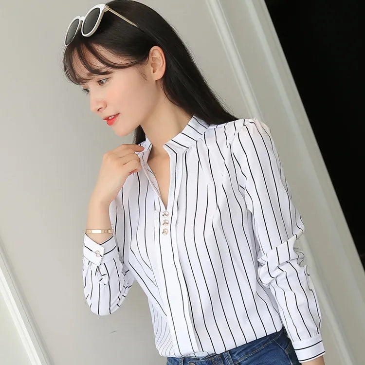 Women White Tops and Blouses Fashion Stripe Print Casual Long Sleeve Office Lady Work Shirts Female Slim Blusas