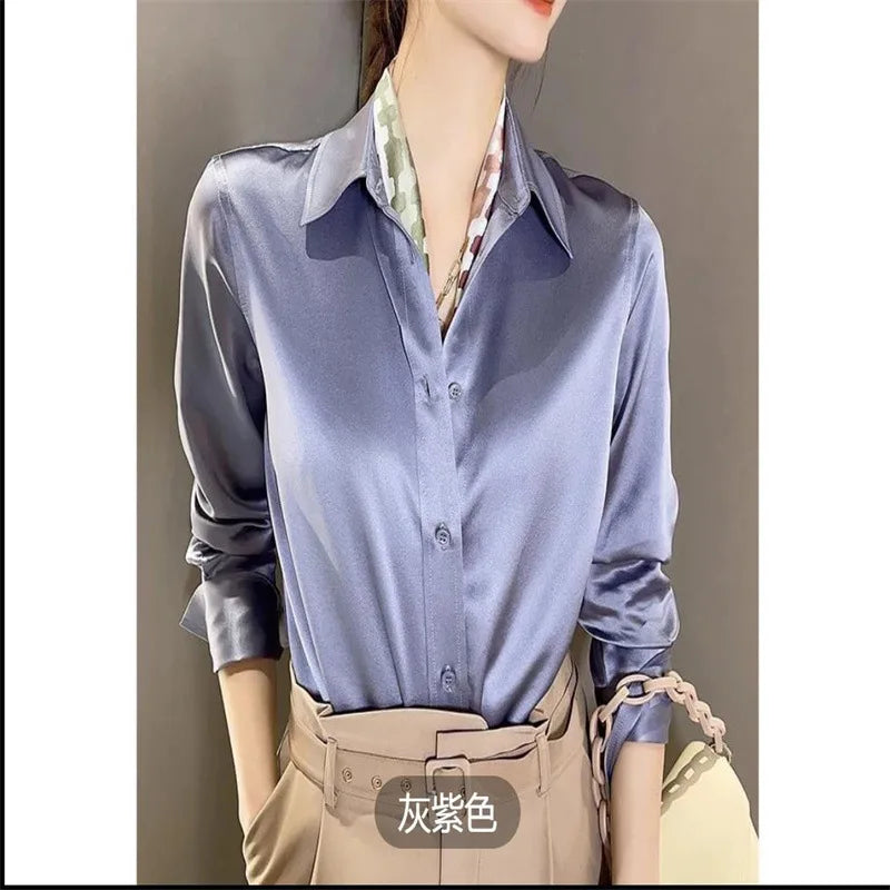 Women's Satin Shirt – Elegant Slim Fit, Long Sleeve Office Blouse (2024)