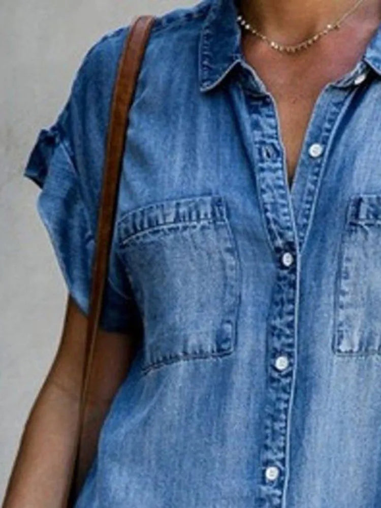 Summer Denim Shirt Dress – Single-Breasted, Casual, Loose Fit, Retro Style, Pocket Detail, Office-Ready.