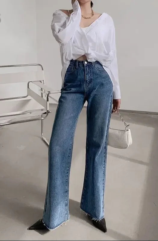 Women Jeans High Waist Wide Leg Denim Pants Ripped Tassel Hem Overlength Trousers Streetwear