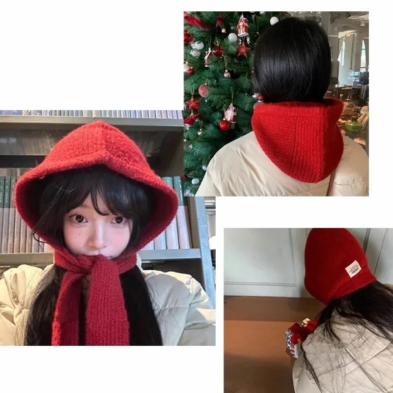 Korean Knitted Beanies Cap Autumn Winter Warm Lady Cute Pleasant Balaclava Cap Bonnet Fashionable Versatile Strap Hooded Hat