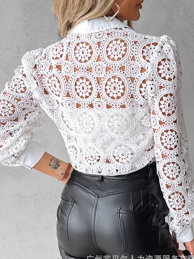 Women's Lace Blouse – Elegant Long Sleeve Button-Up Shirt, Office Chic (2024)