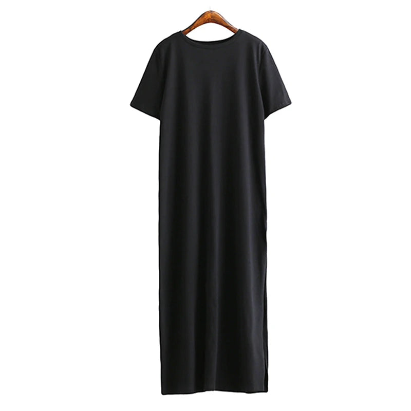 Summer Korean Style Midi Dress – Casual Black Maxi T-Shirt Dress for Women