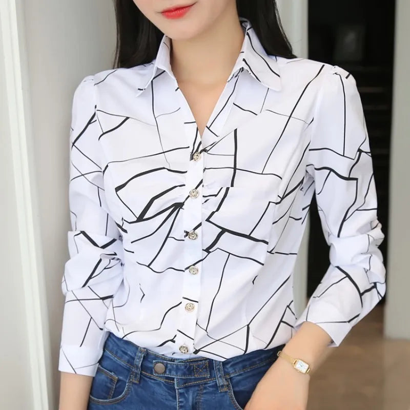 Women White Tops and Blouses Fashion Stripe Print Casual Long Sleeve Office Lady Work Shirts Female Slim Blusas