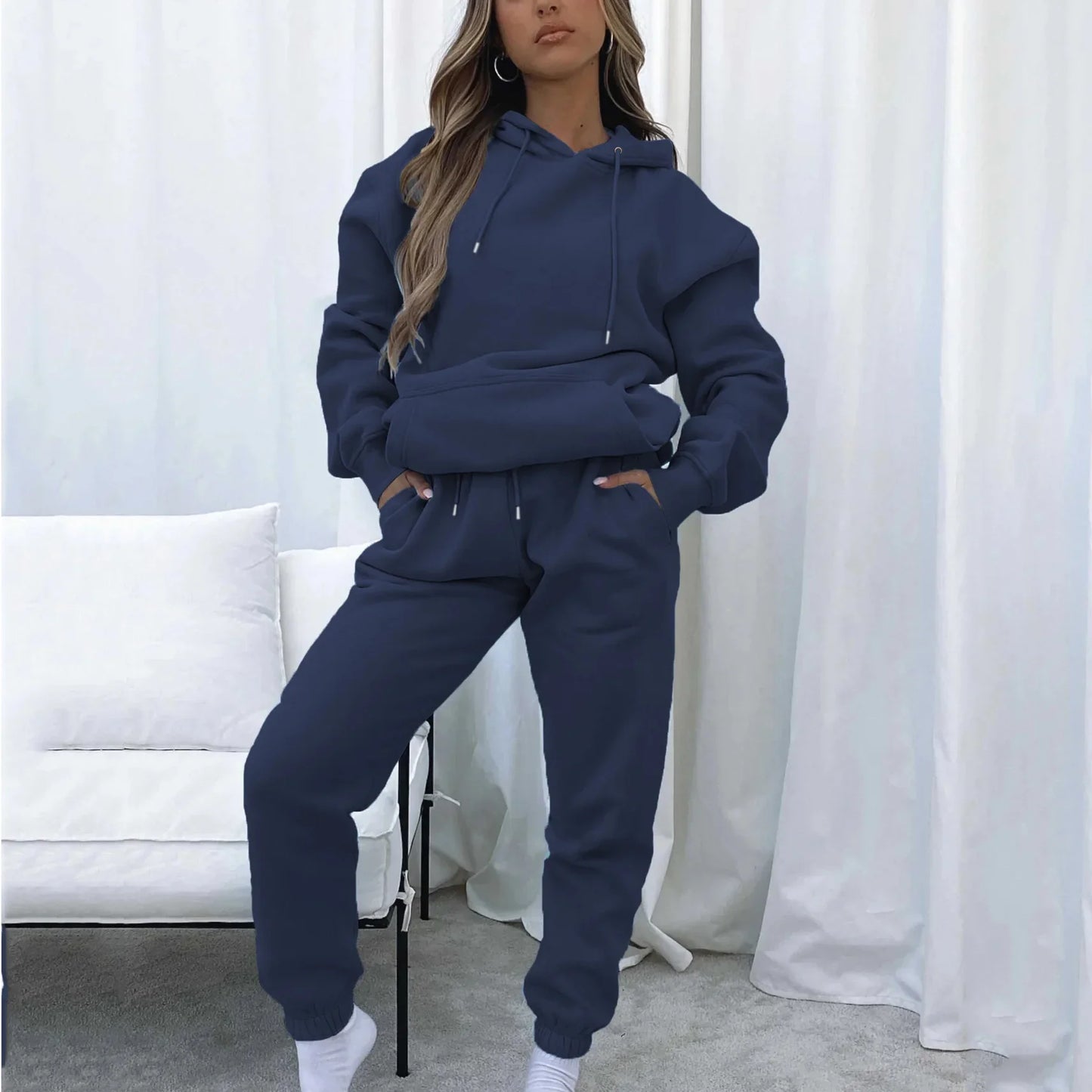 Women Two Piece Sets Tracksuit outfit Hooded Sweatshirts Pocket Drawstring Long Pants Suit Thick Casual Office Lady Autumn