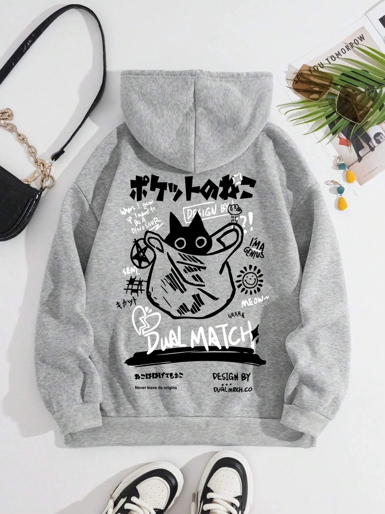 Cute Cat Cartoon Print Hoodie for Women