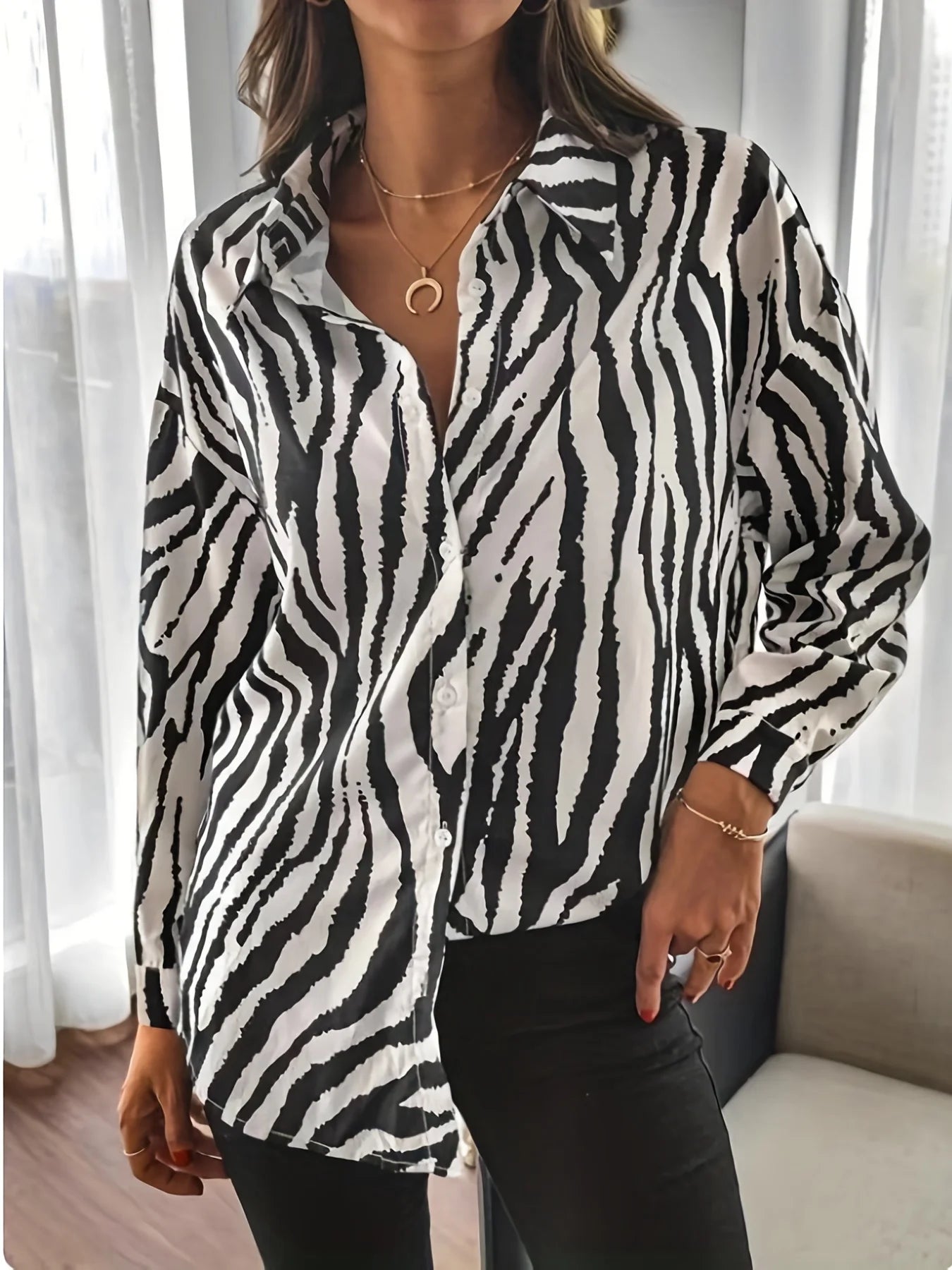 Women's Long Sleeved Shirt Zebra Stripe Print Daily Travel Office Elegant Women's Top Outdoor Fashion Lapel Women's Shirt