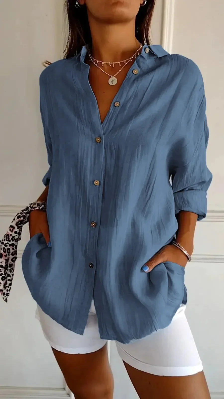 Women's V-Neck Cotton Linen Shirt – Loose Fit, Button-Up, Retro Office Top