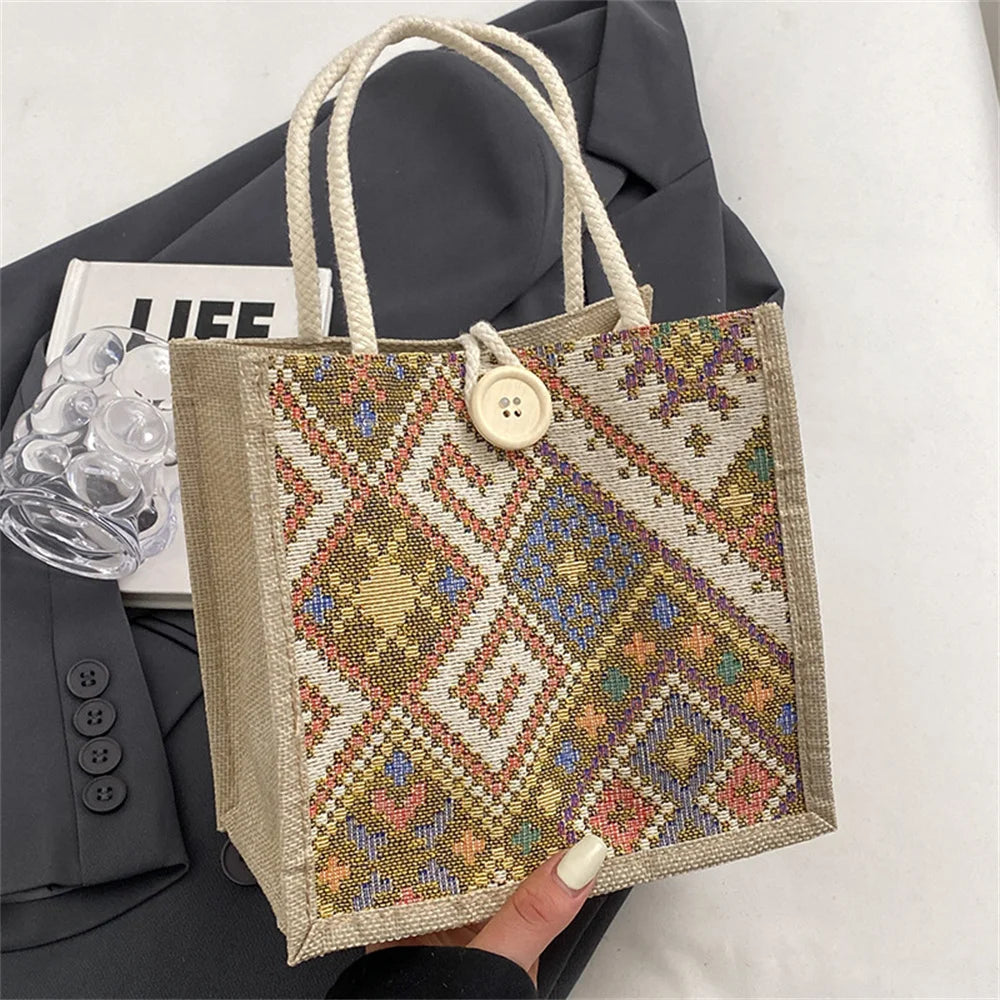 New Linen Bag Women Ethnic Patterns Handbag Eco-Friendly Grocery Bag Gift Bag With Handle Portable Casual Button Tote Bag Pouch