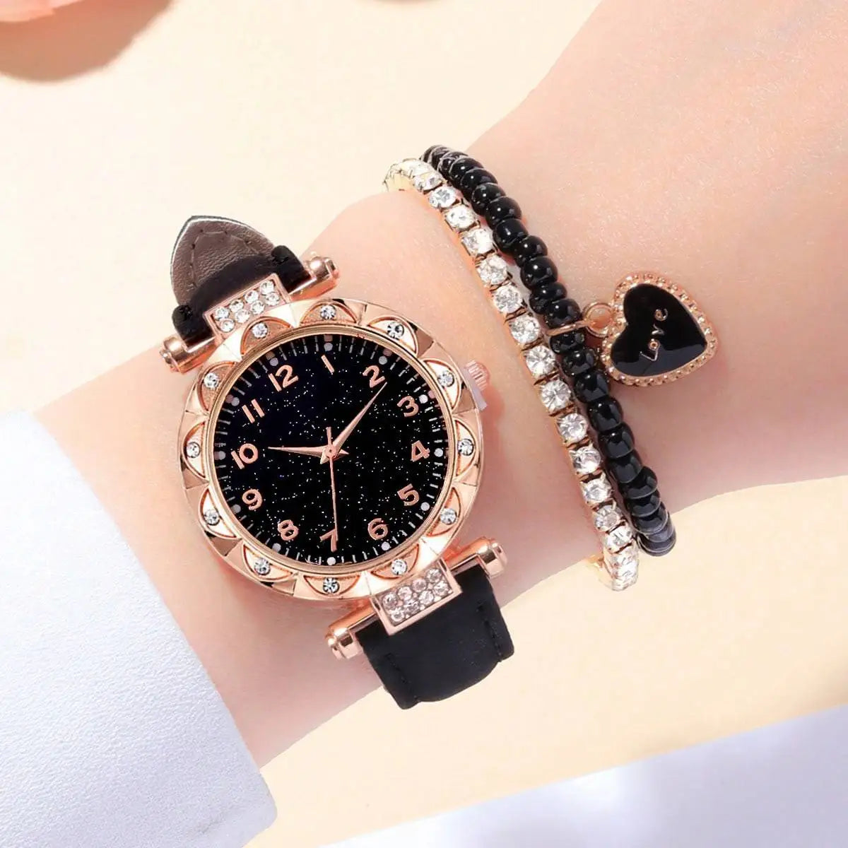 3PCs Fashion Versatile Starry Sky Diamond Embedding Women's Belt Quartz Watch with Diamond Embedding Bracelet Set