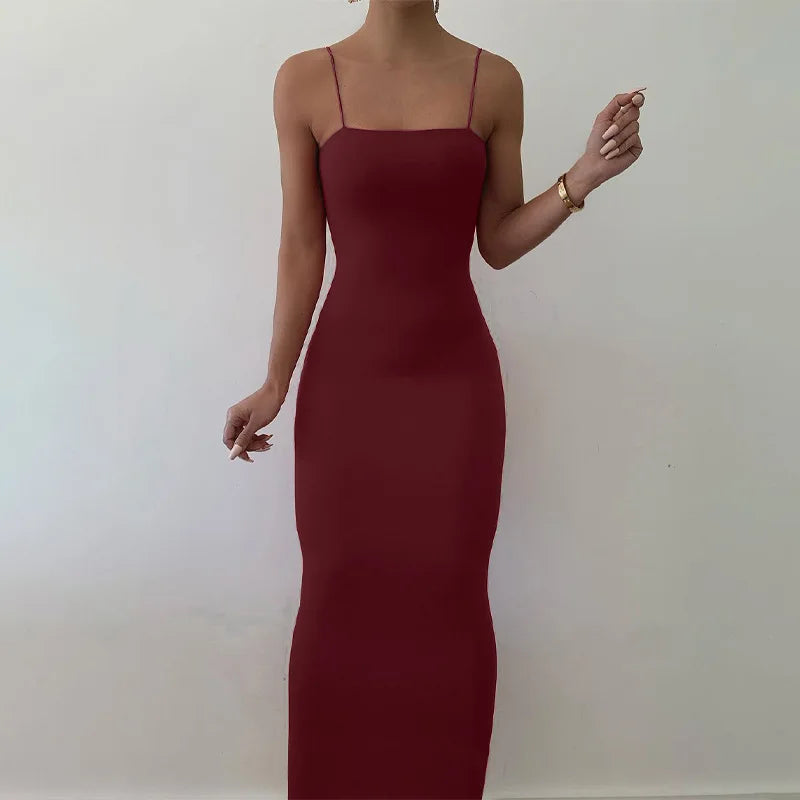 Women Solid White Black Strap Midi Dress Bodycon Sexy Streetwear Party Club Elegant Fashion Clothes