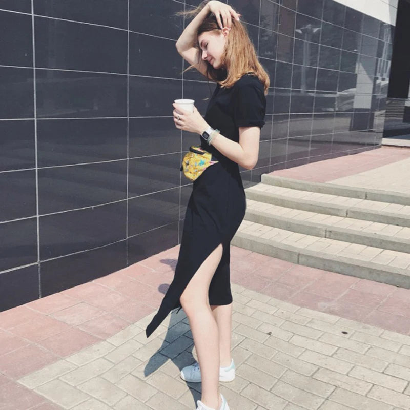 Summer Korean Style Midi Dress – Casual Black Maxi T-Shirt Dress for Women