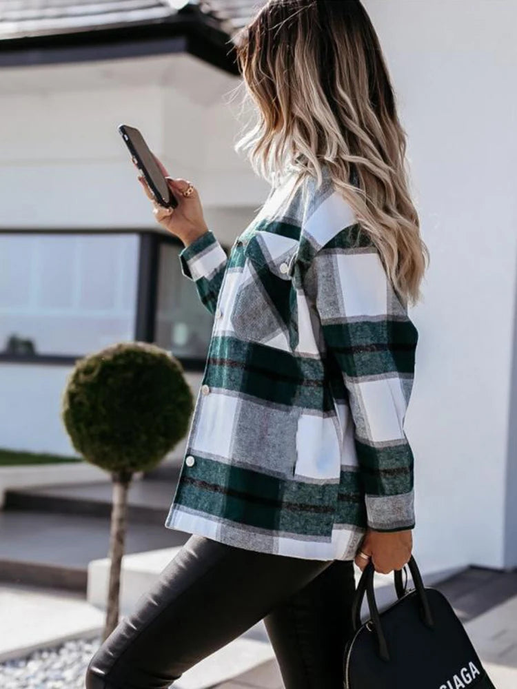 Women's Plaid Button-Up Shirt – Long Sleeve, Loose Fit, Casual Fashion