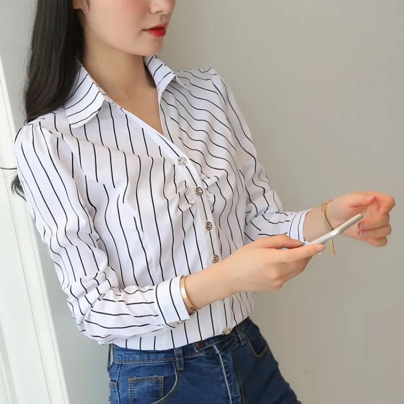 Women White Tops and Blouses Fashion Stripe Print Casual Long Sleeve Office Lady Work Shirts Female Slim Blusas