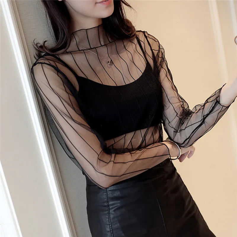 New Transparent See Through Shirt Women Sexy Harajuku Mesh Tops Net Undershirt Star Base Top Camisas Femininas Clubwear