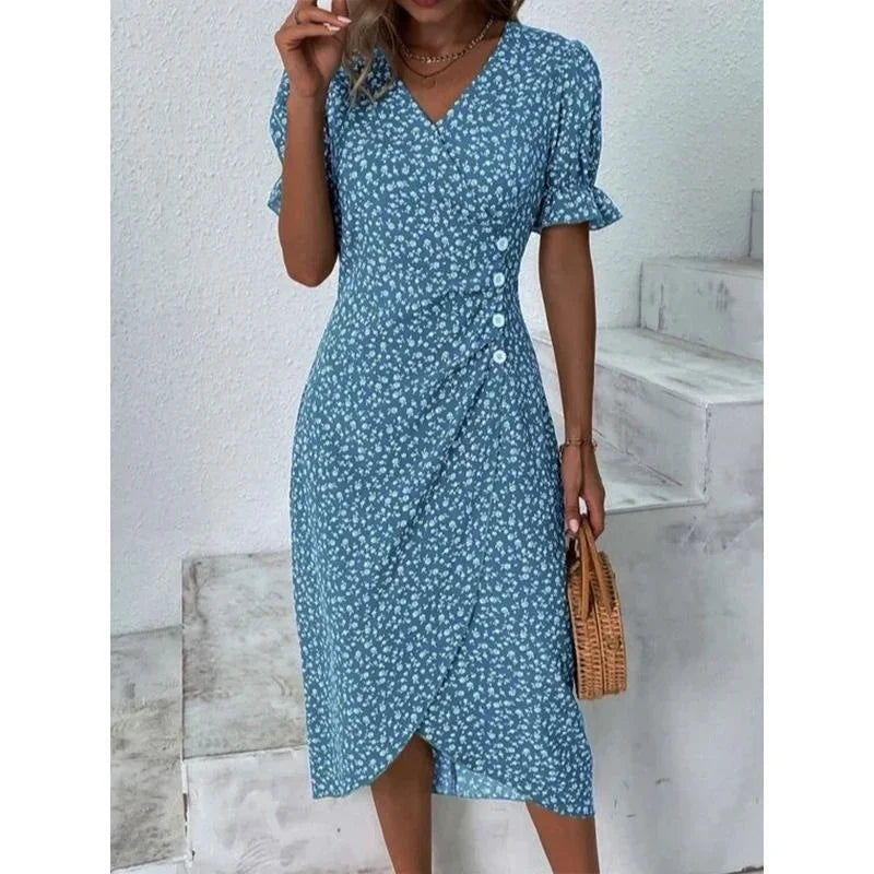 Elegant Summer Floral Midi Dress – V-Neck, Puff Sleeves, Pleated H-Shape, Ruched Waist, Button Detail.