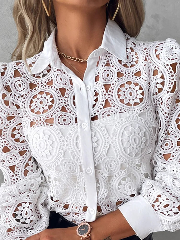 Women's Lace Blouse – Elegant Long Sleeve Button-Up Shirt, Office Chic (2024)