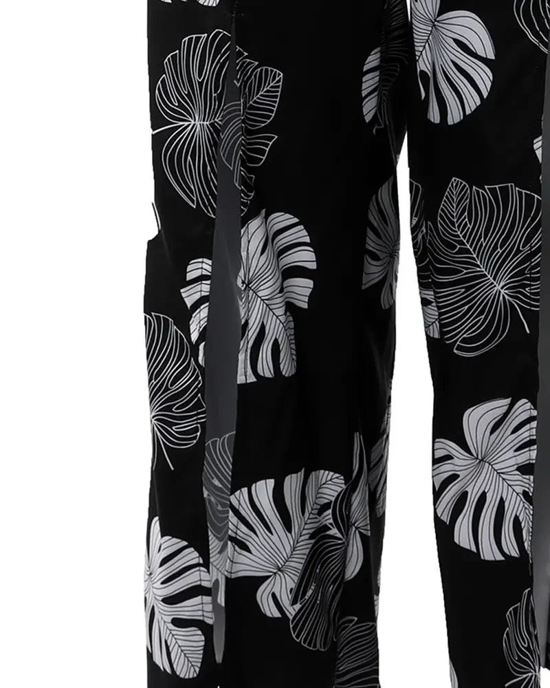 Summer Suit Women Solid Cut-out Tank Top & Tropical Print Split Wide Leg Pants Set