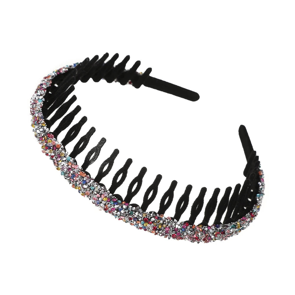 AWAYTR Luxury Non-slip Rhinestone Hair Hoops Bands Women Tooth Elastic Headbands For Women Shiny Hair Hoops Bezel Accessories