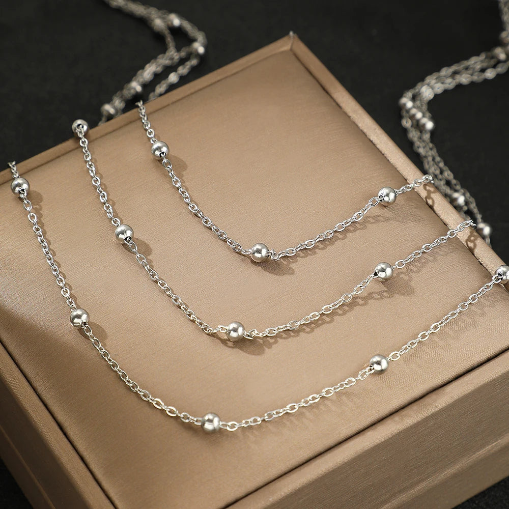 Stainless Steel Necklace New High-end Atmosphere Delicate Beads Multi-Layers Chain Bone Necklace For Women Jewelry Party Gifts