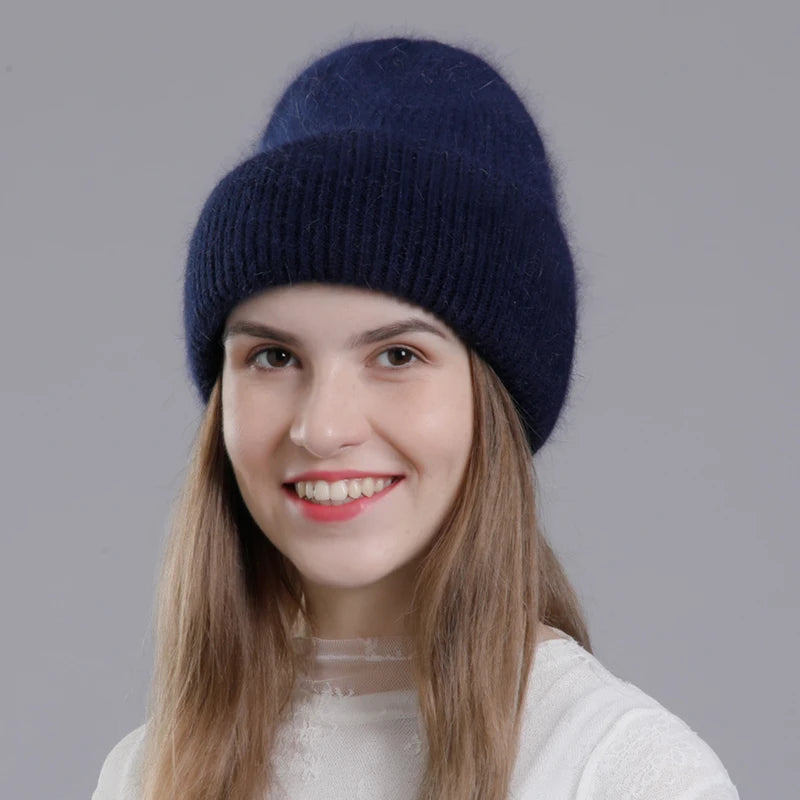 CNTANG Real Rabbit Fur Hat Winter Warm Beanies For Women Fashion Cute With Decorate Rhinestone Cap Female Casual Knitted Hats