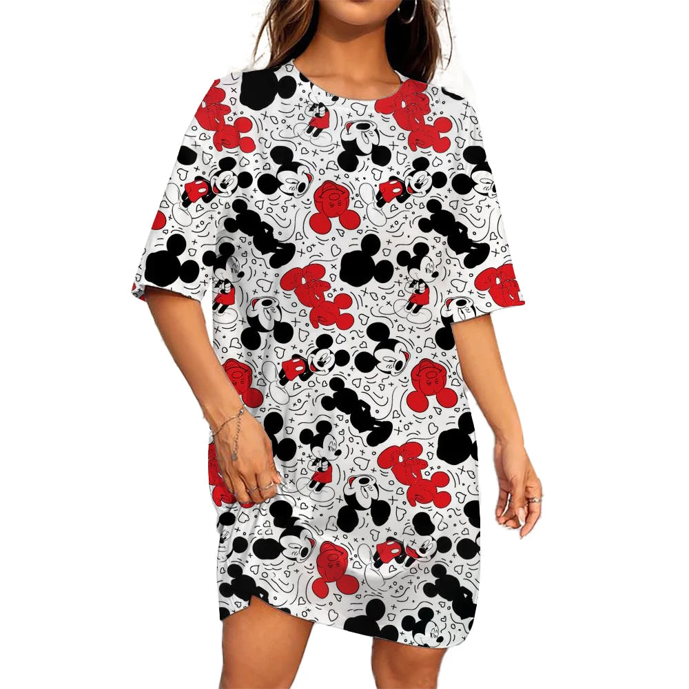 Disney Mickey Mouse Casual Dress – Loose Fit, Round Neck, Short Sleeve, Summer Party Style.