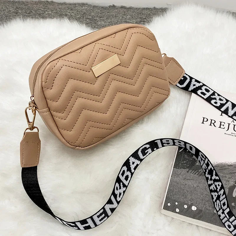 Fashion Wave Pattern Women Shoulder Bag Solid Color Crossbody Bag PU Leather Wide Shoulder Strap Bag Purse Female Handbags