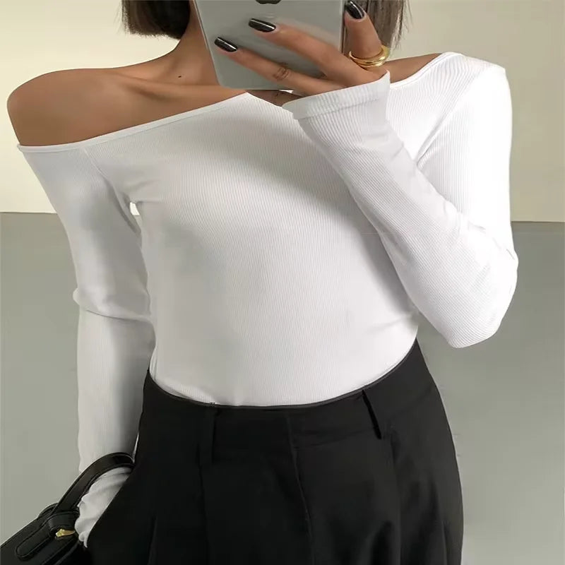 Fashionable Skew Collar Off-Shoulder T-Shirt for Women