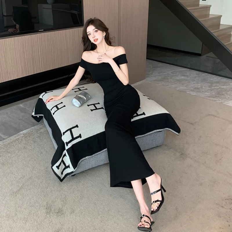 Summer Black Short Sleeve Women Elegant Party Off Shoulder Sheath Long Dress