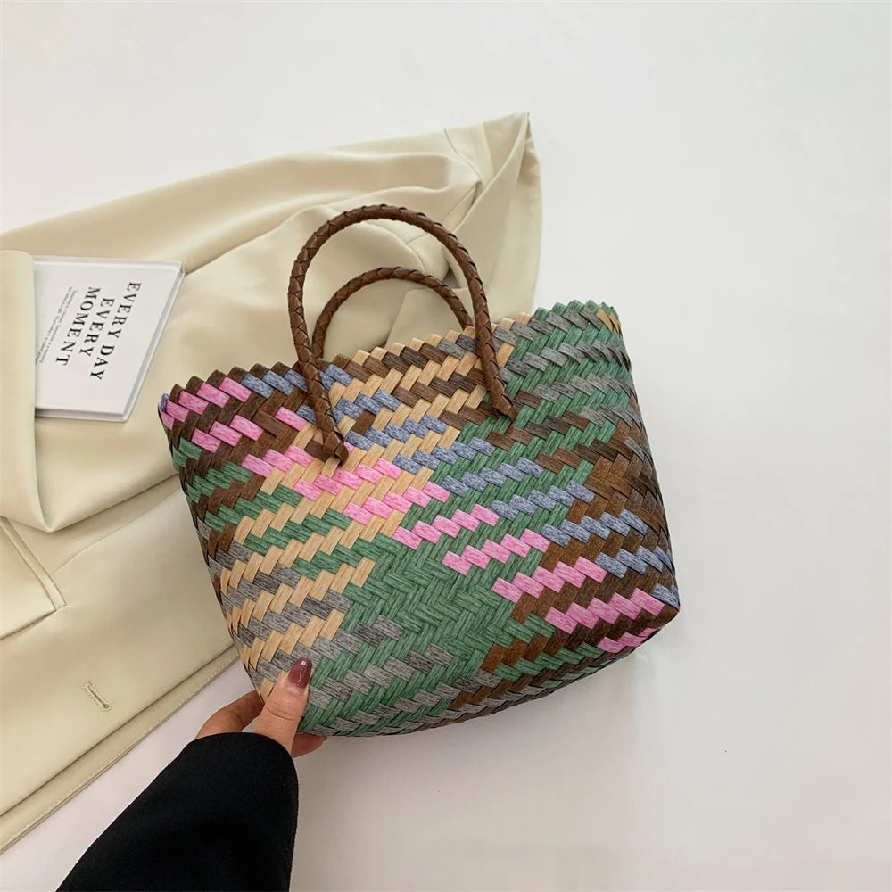 Retro Imitation Rattan Woven Bag Women's Boho Handbag Summer Beach Large Capacity Shoulder Bag 2024 New Fashion женская сумочка