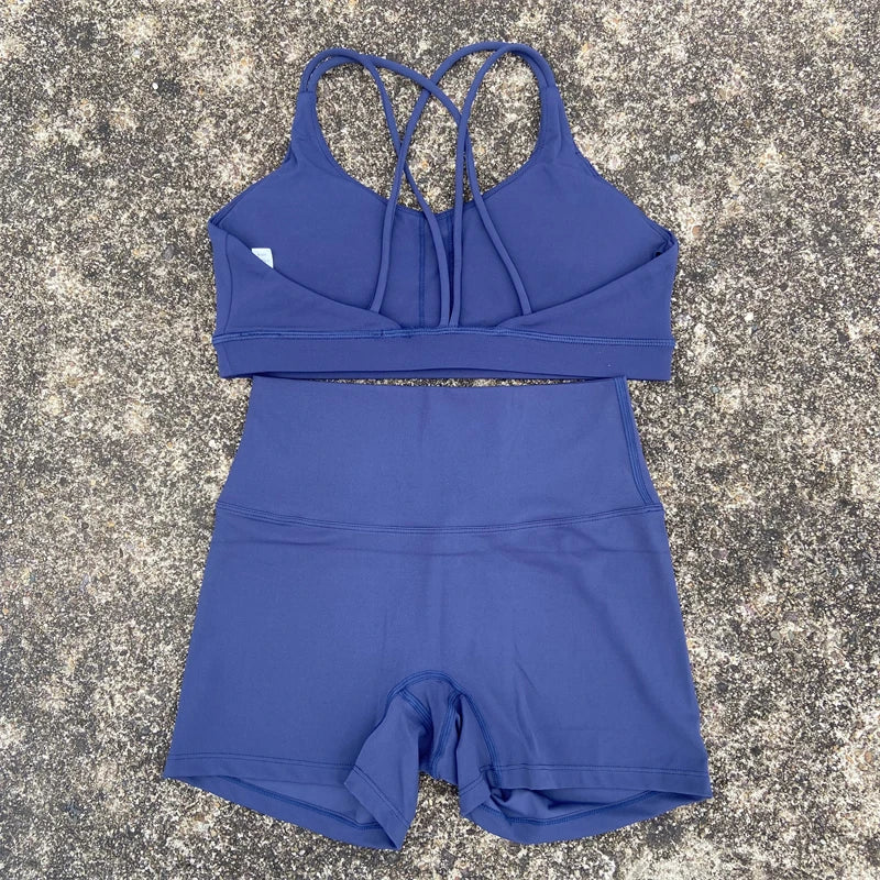 2 Piece Yoga Shorts Set Gym Sports Set Women Workout Outfit Fitness Suit Cross Straps Bra High Waist Shorts Running Tracksuit