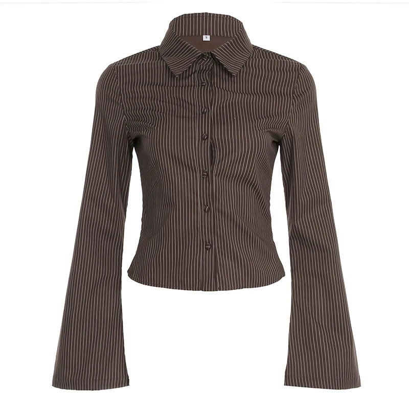 IAMHOTTY Vintage Striped Blouses Brown Button-up Slim-fit Shirts Office Ladies High Street Turn-down Collar Flared Sleeve Tops