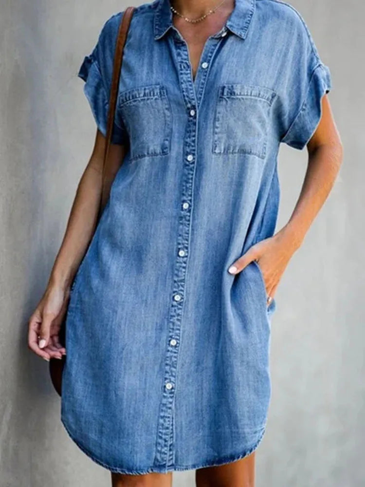 Summer Denim Shirt Dress – Single-Breasted, Casual, Loose Fit, Retro Style, Pocket Detail, Office-Ready.